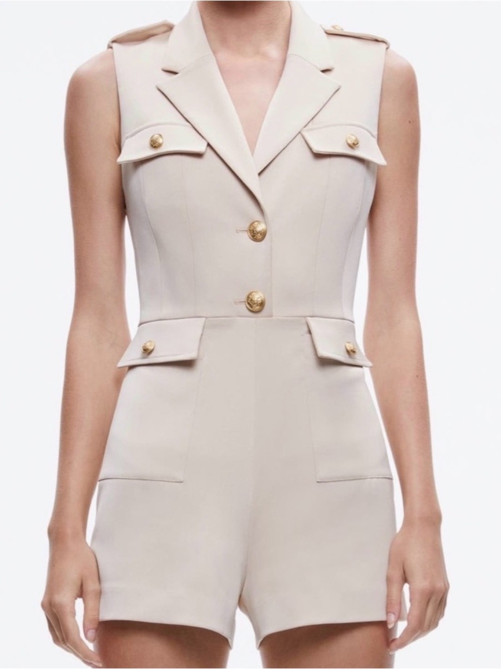 Alice + Olivia Sleeveless Tailored Romper in Beige with Gold Buttons